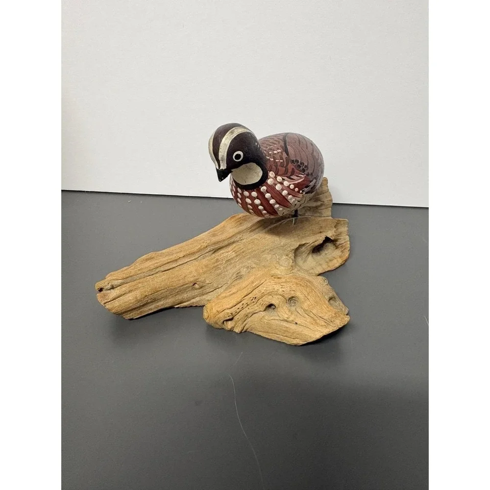 Vintage Hand Carved Painted Wood Bobwhite Quail Bird Figurine Driftwood Base